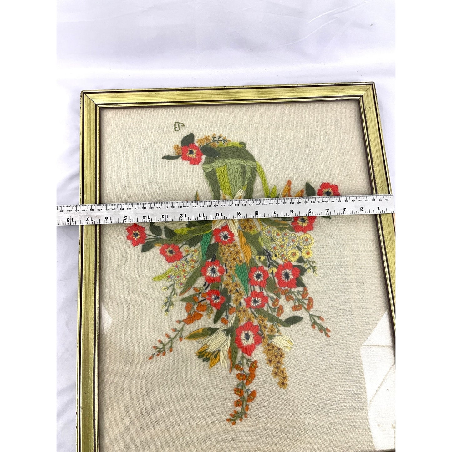 VTG Crewel Flowers Vase Needlecraft Embroidered Framed Wall Art 17.5"x21.5" 70s