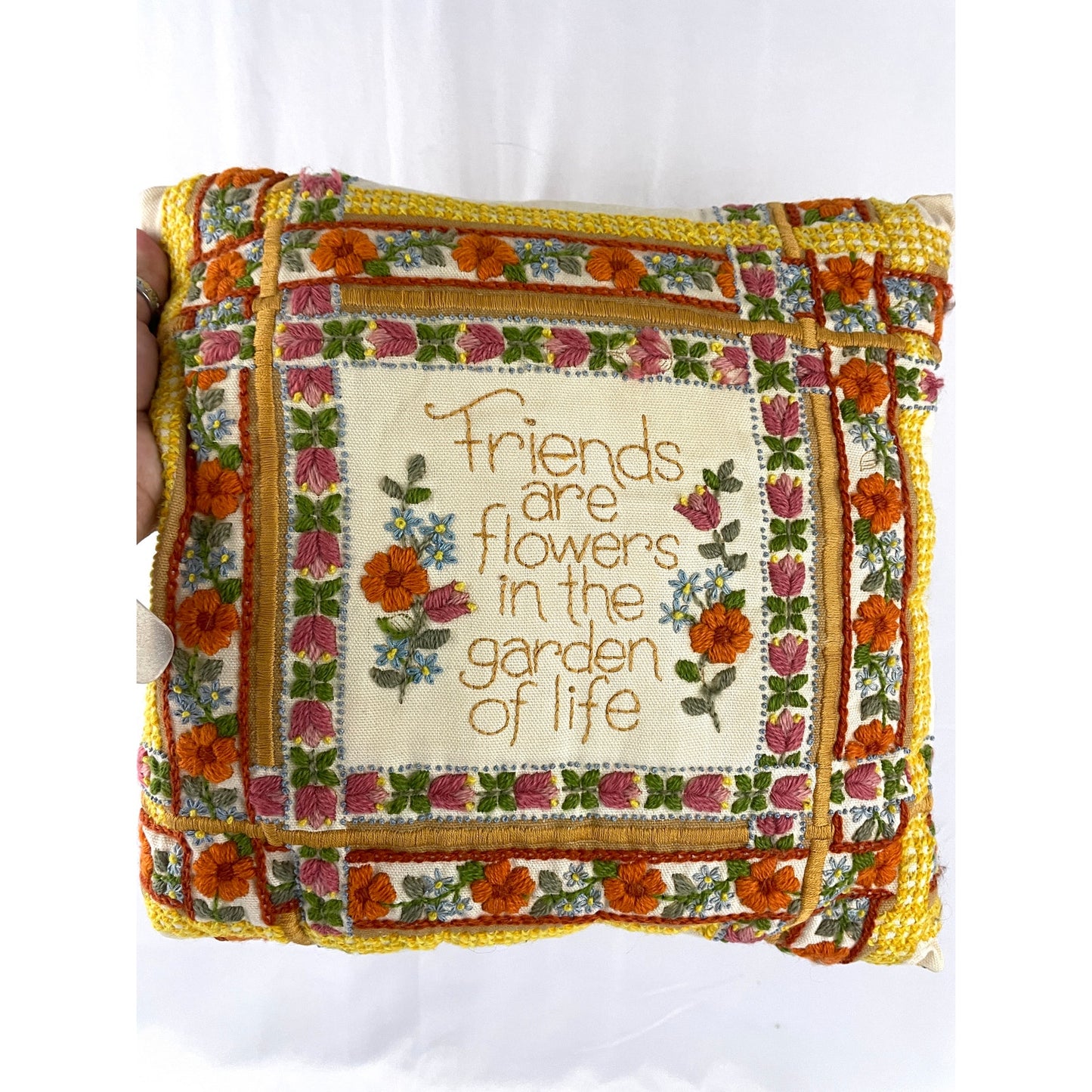 VTG Friendship Pillow 1980's Embroidery 0430 Granny Core Creative Circle 100% Wool Yarn