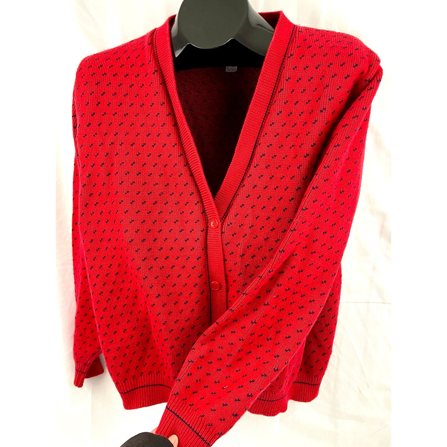 VTG Red Pattern V Neck Cardigan LARGE Womens 1990s Knit USA Made | Winona Knits