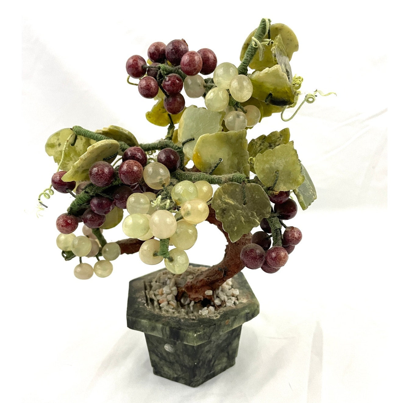 VTG Green Jade Carved Leaves Grapes Berries Fruit Faux Bonsai Tree 8" Tall