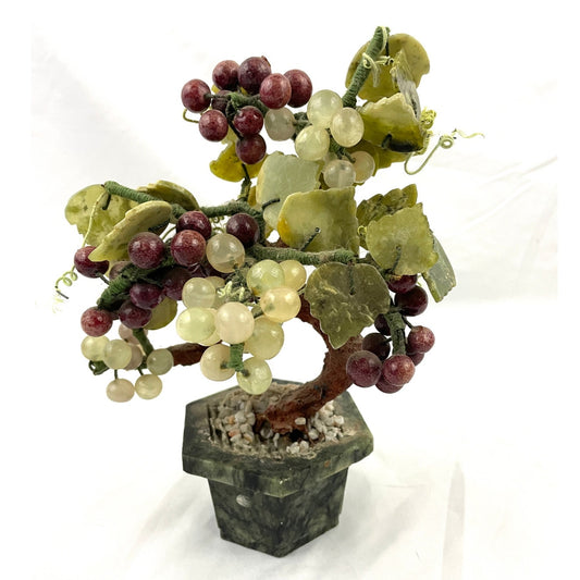 VTG Green Jade Carved Leaves Grapes Berries Fruit Faux Bonsai Tree 8" Tall