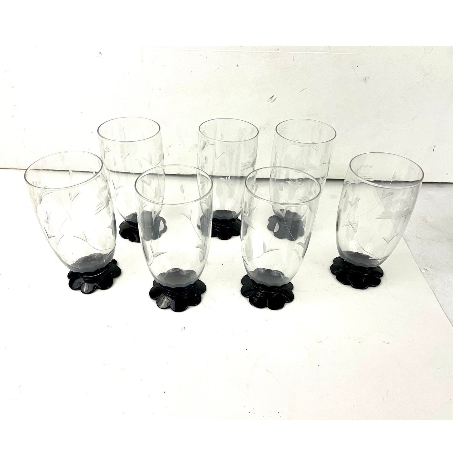 VTG Weston Etched Art Deco Floral Lily Base Black Footed Glasses Set of 7