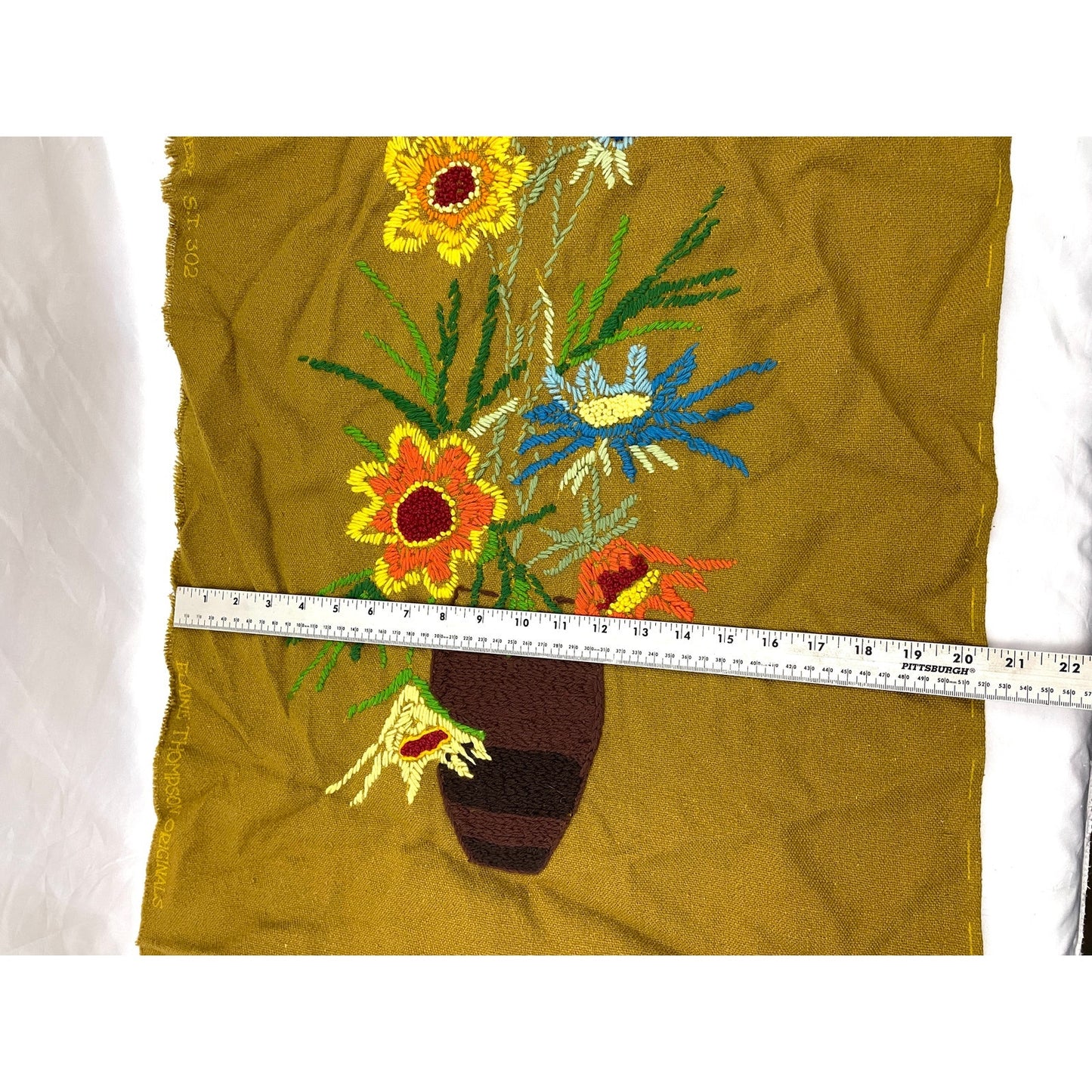 VTG Crewel Flowers Vase Needlecraft Embroidered Wall Art 20"x32" 70s Unframed