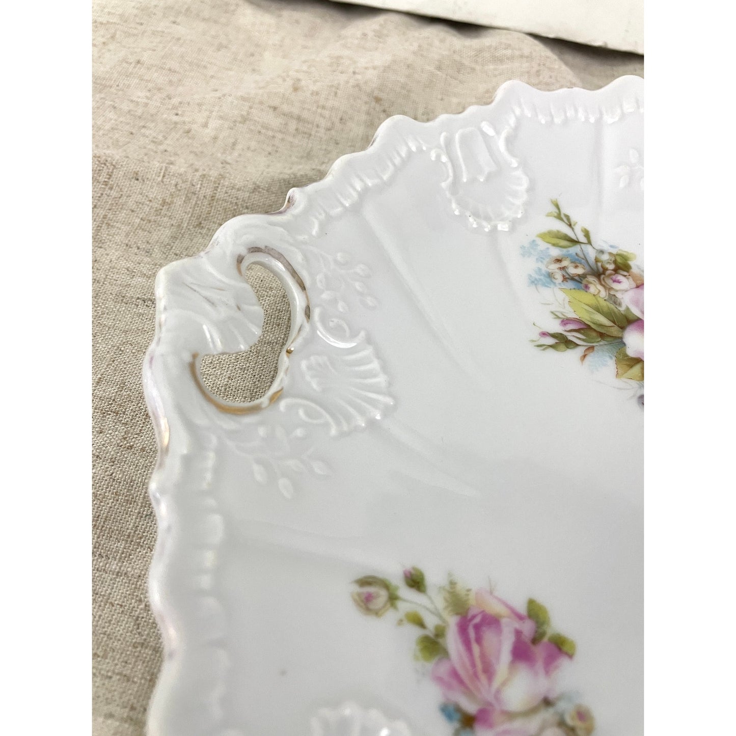 VTG Porcelain Pink Roses Floral Serving Plate With Handles Embossed Shabby Chic