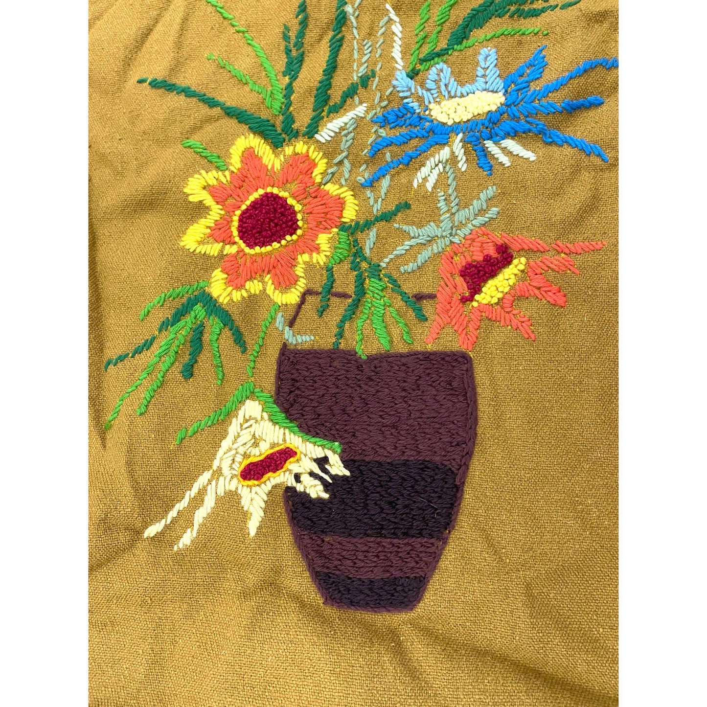 VTG Crewel Flowers Vase Needlecraft Embroidered Wall Art 20"x32" 70s Unframed