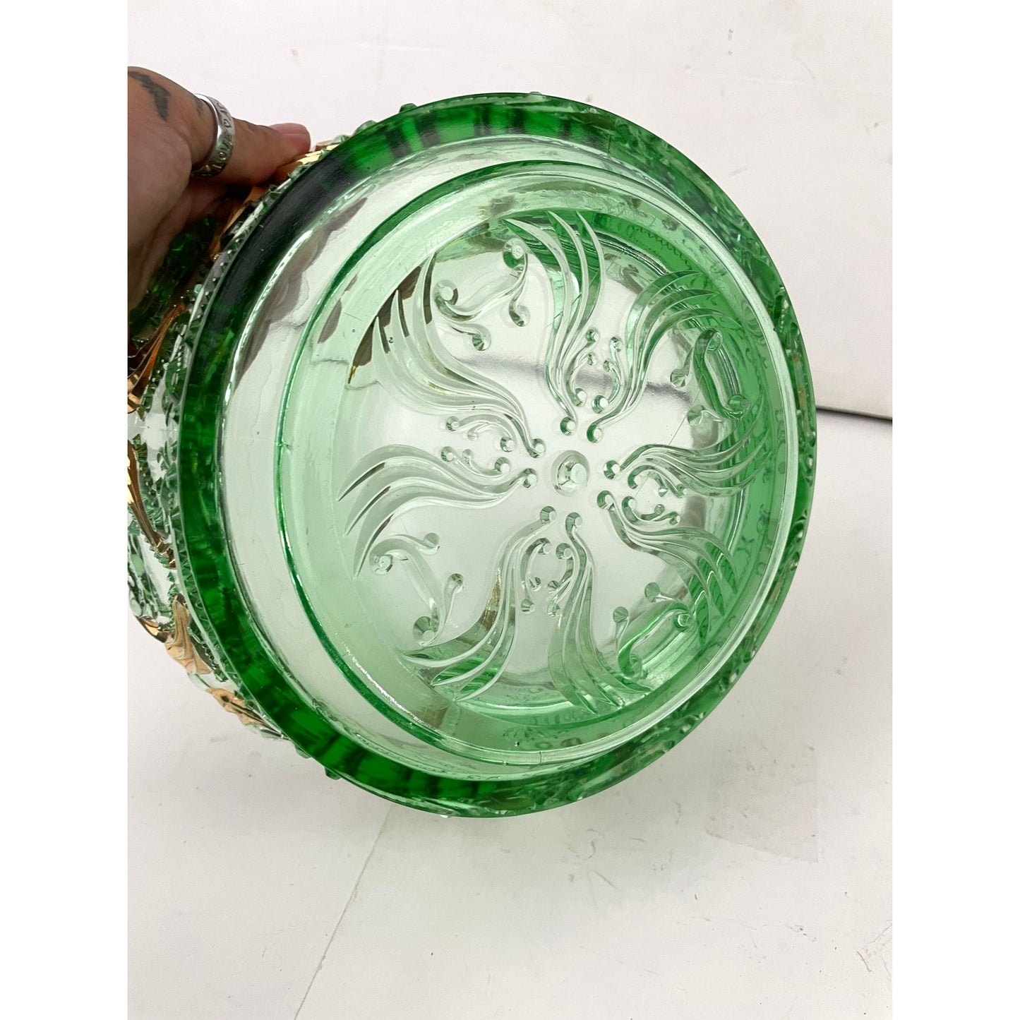 VTG Idyll Pattern Jefferson Pressed Glass Bowl Green Gold Accent