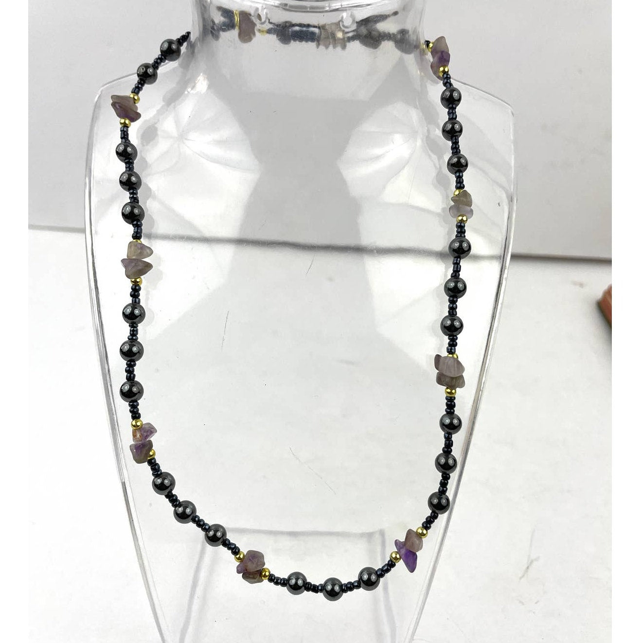 Natural Stone and Metal Beaded Necklace Amethyst  16" Choker Purple Gray