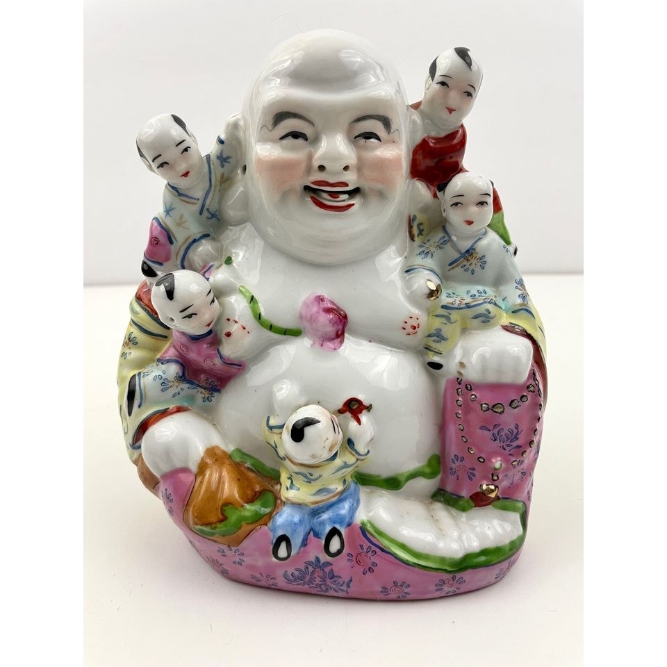 VTG Chinese Porcelain Laughing Buddha Figure With Five Children Hand Painted 6"