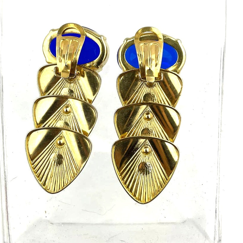 VTG Gold Tone Metal Clip On Earrings Blue Rhinestone Retro Kitsch