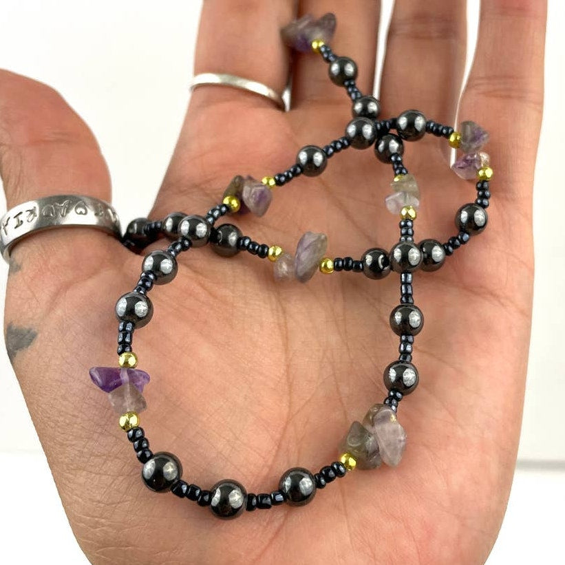 Natural Stone and Metal Beaded Necklace Amethyst  16" Choker Purple Gray