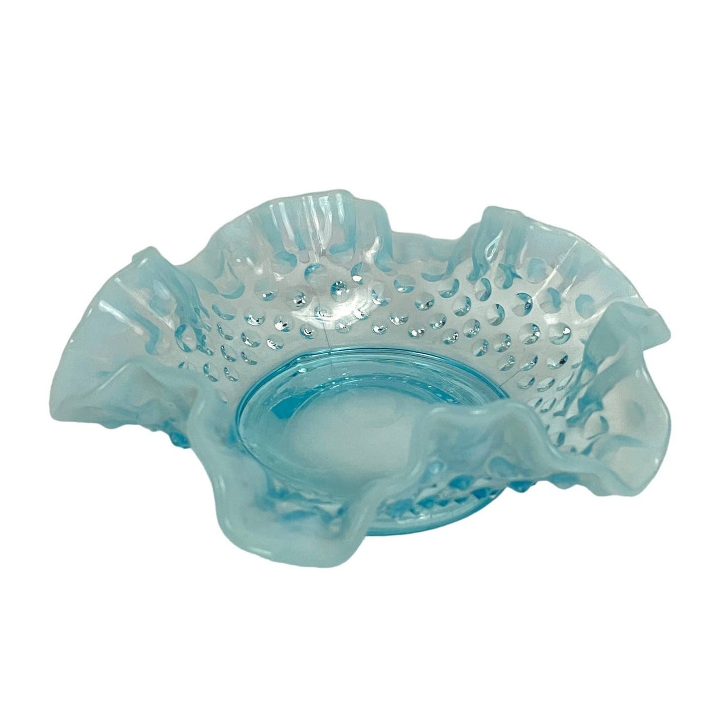 VTG Fenton Ruffled Blue Hobnail Glass Candy Dish Crimped Edges Home Decor