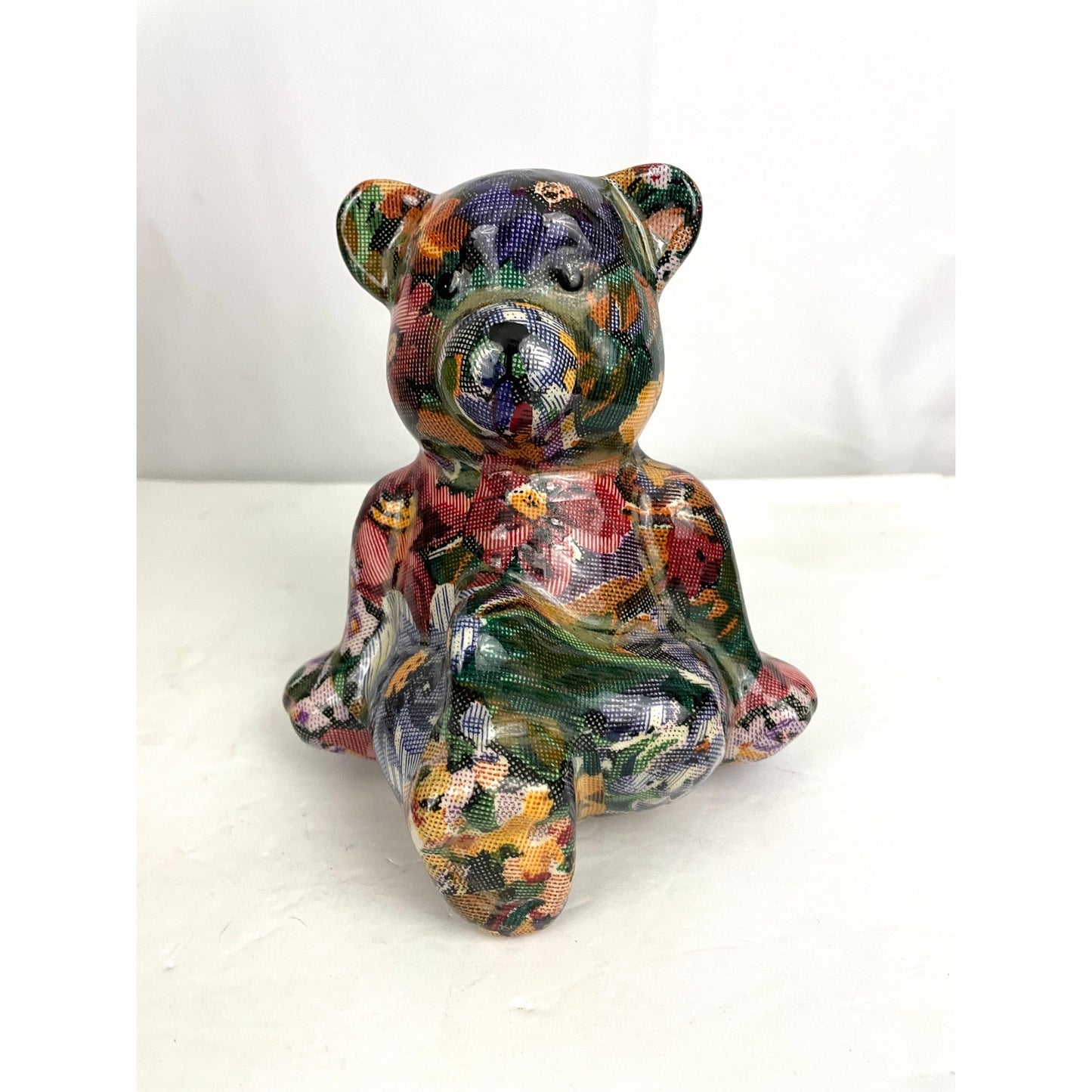 VTG Bear Multicolored Floral Patchwork Sitting Yoga Pose 6.5" Tall