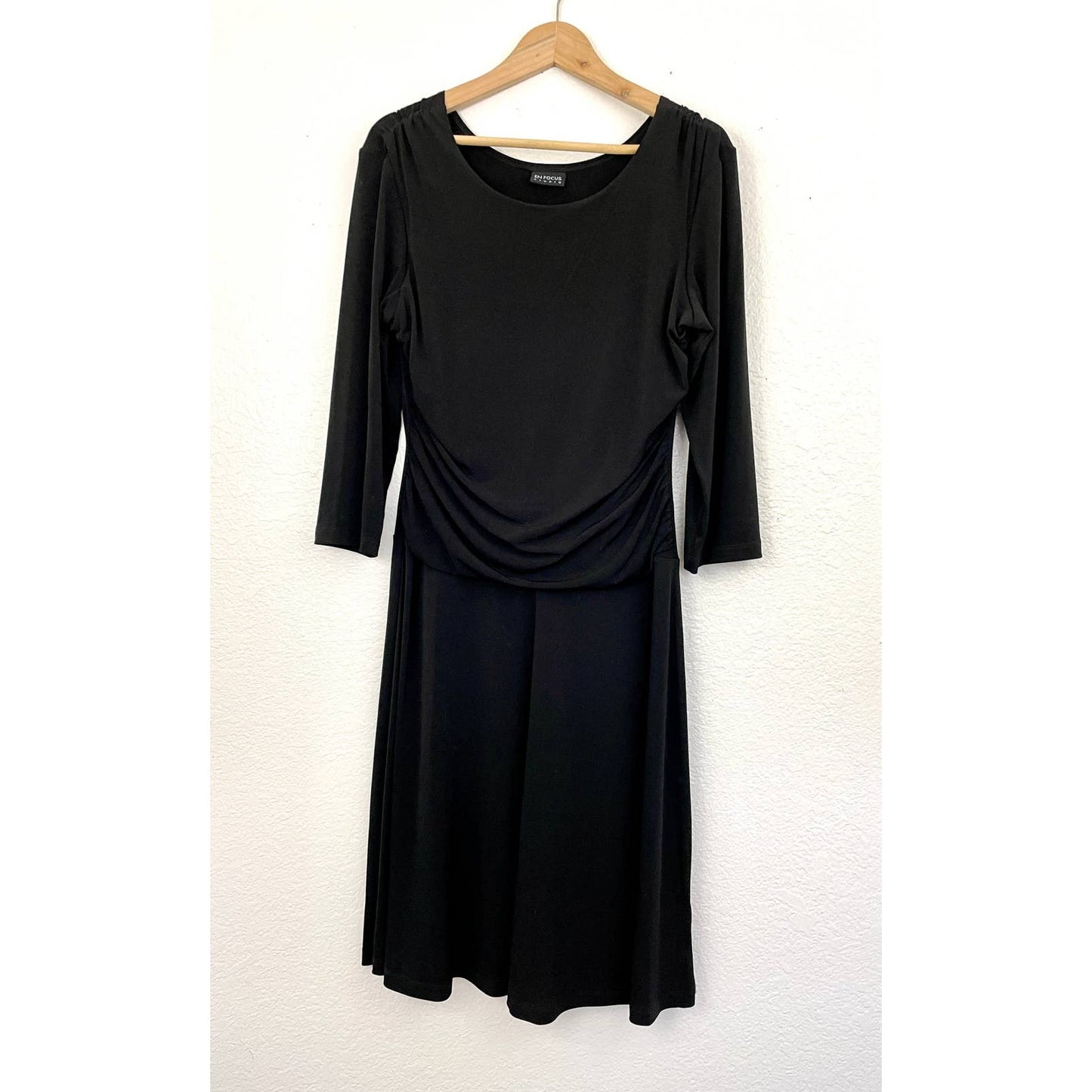 Black Cling Black Stretch Dress Sz Medium Ruched VTG EnFocus Studio Women's