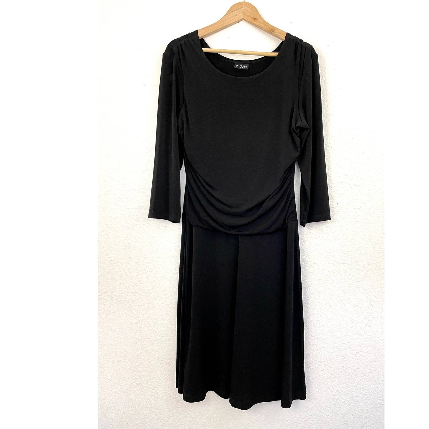 Black Cling Black Stretch Dress Sz Medium Ruched VTG EnFocus Studio Women's