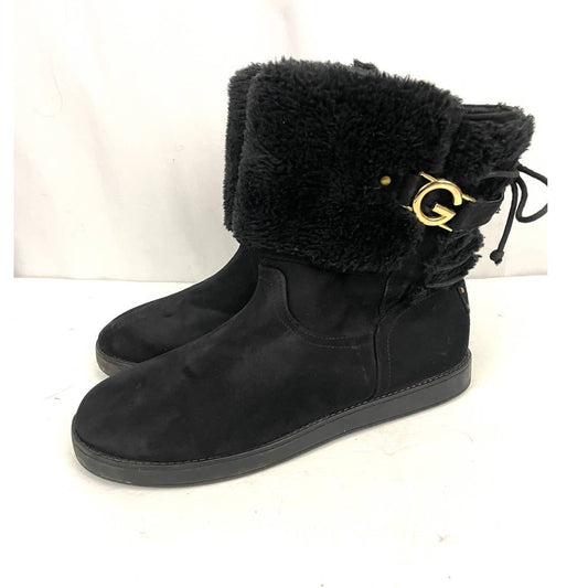 G by Guess Fur Lined Black Boots Sz 11 Faux Suede Booties | Gold Accent