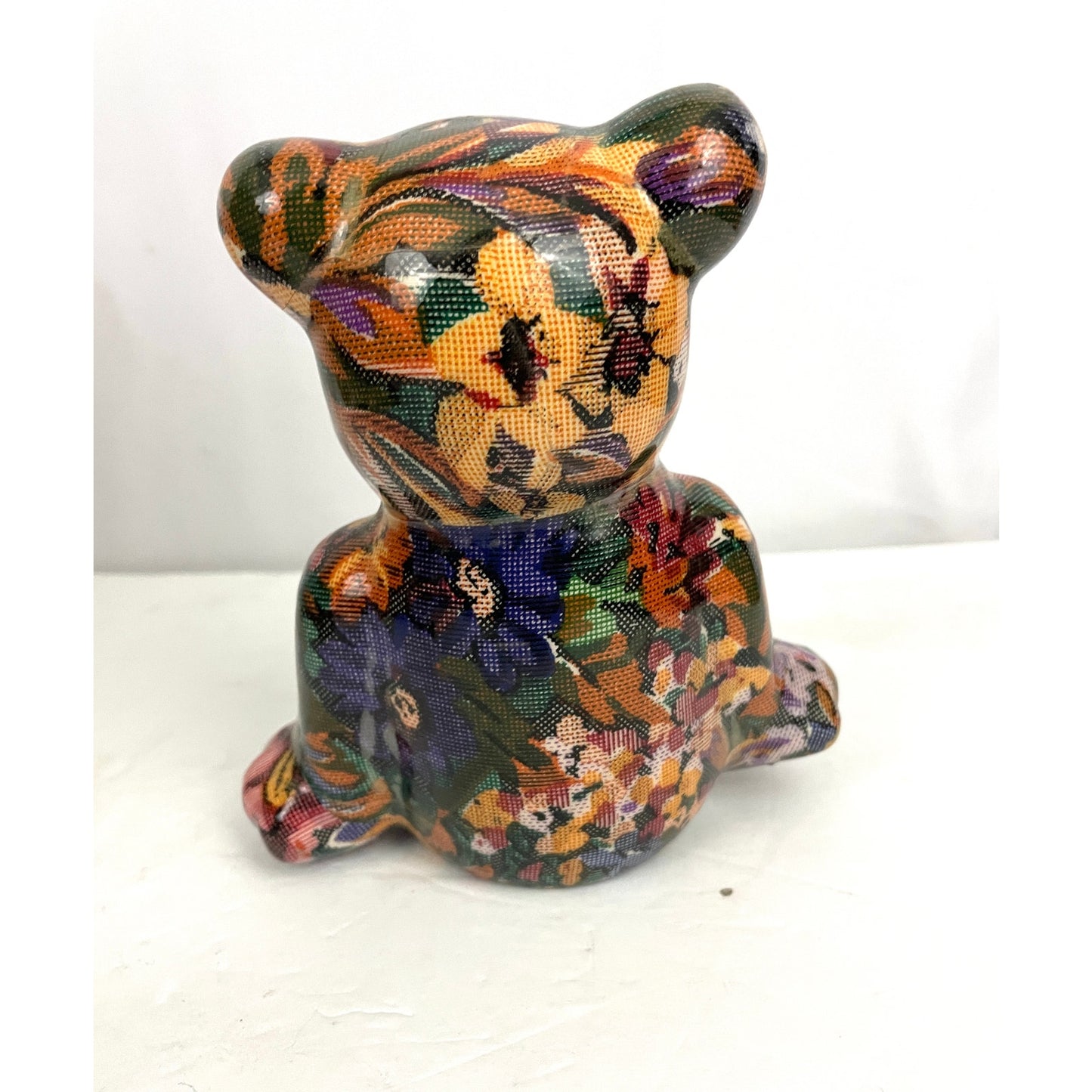 VTG Bear Multicolored Floral Patchwork Sitting Yoga Pose 6.5" Tall