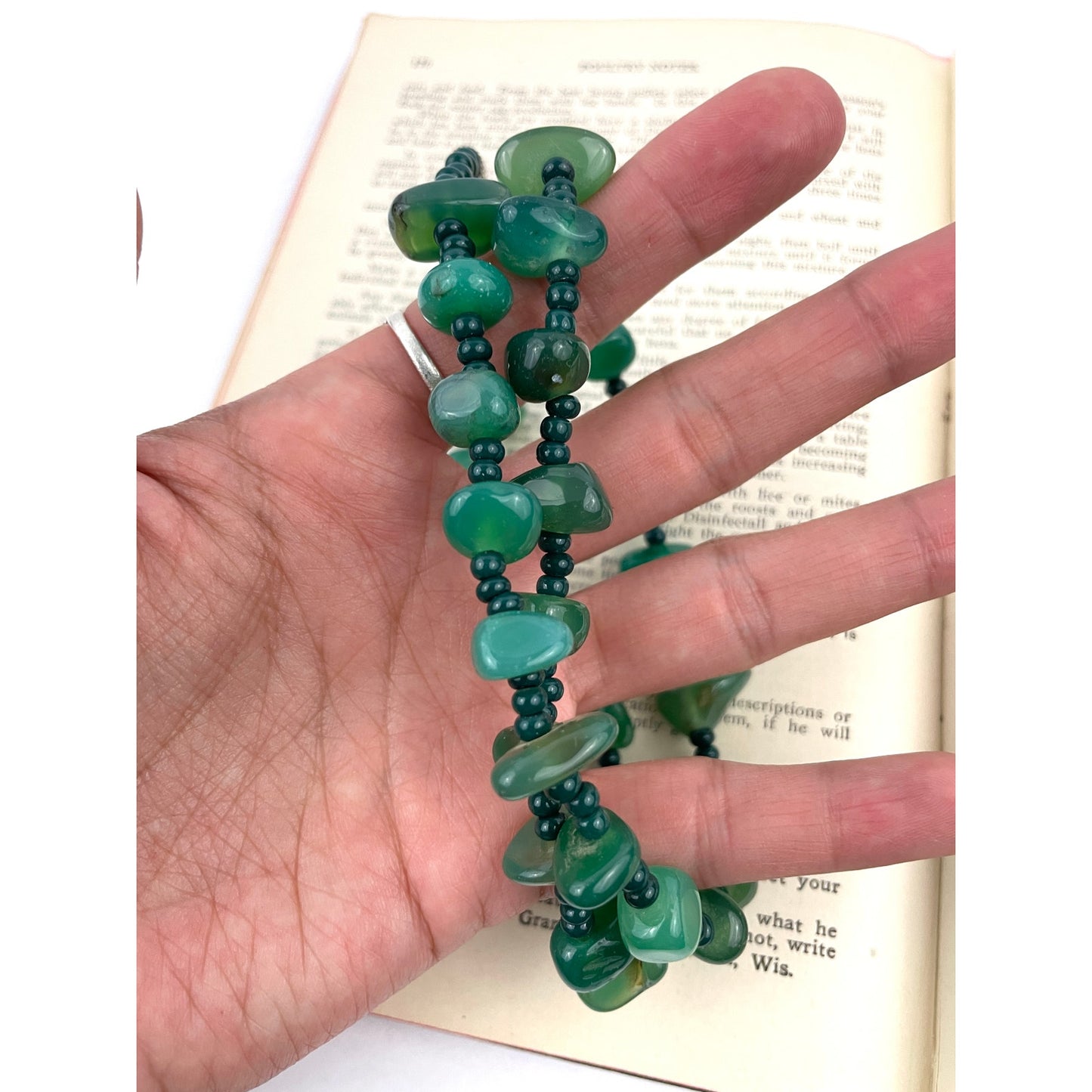 Natural Stone Green Agate Nugget Rock Beaded Necklace Seed Bead 20"