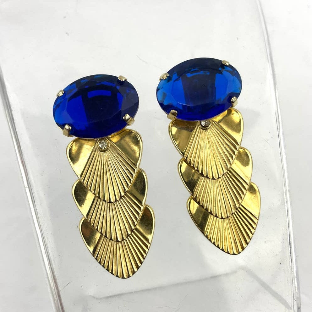 VTG Gold Tone Metal Clip On Earrings Blue Rhinestone Retro Kitsch