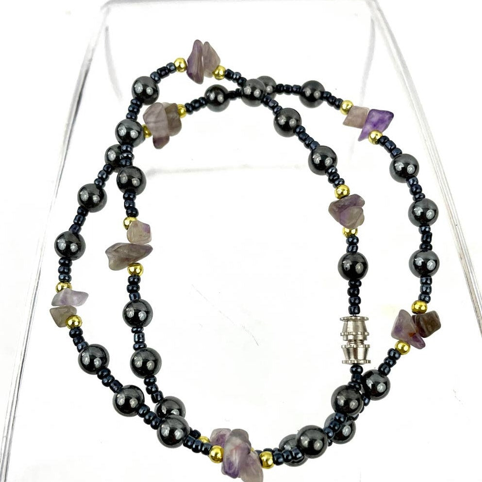 Natural Stone and Metal Beaded Necklace Amethyst  16" Choker Purple Gray