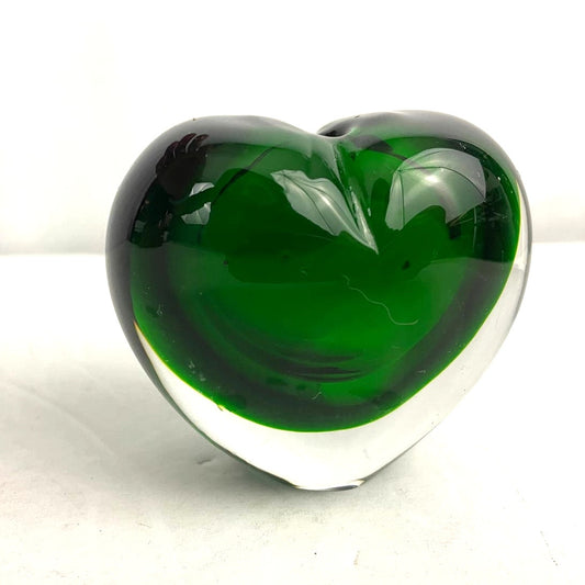 Crystal Green Clear Heart Shaped Paperweight Bud Vase Art Glass 2.5"