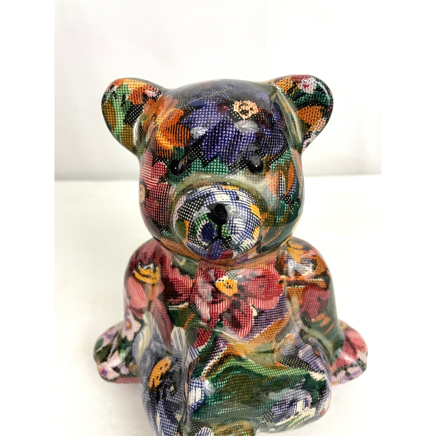 VTG Bear Multicolored Floral Patchwork Sitting Yoga Pose 6.5" Tall