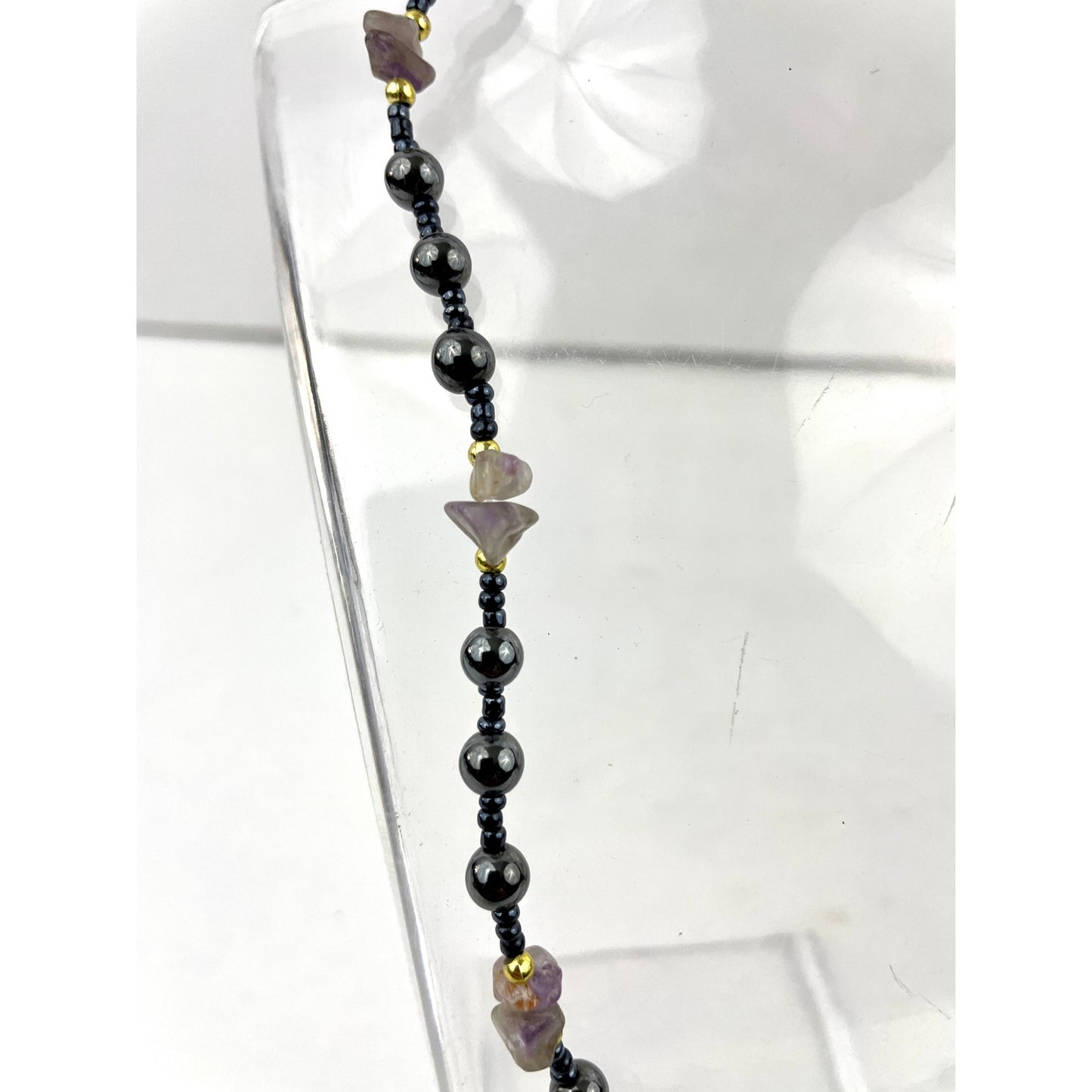 Natural Stone and Metal Beaded Necklace Amethyst  16" Choker Purple Gray