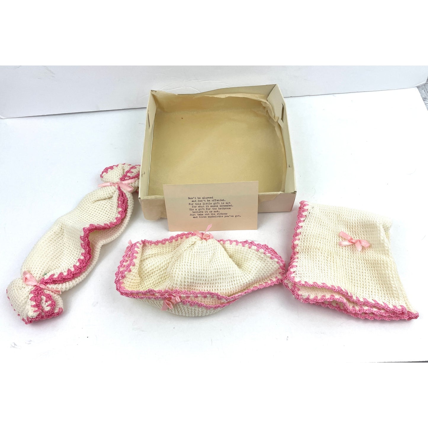 VTG 3 Crochet Washcloths Gift Set Unique Typed Note White with Pink Border