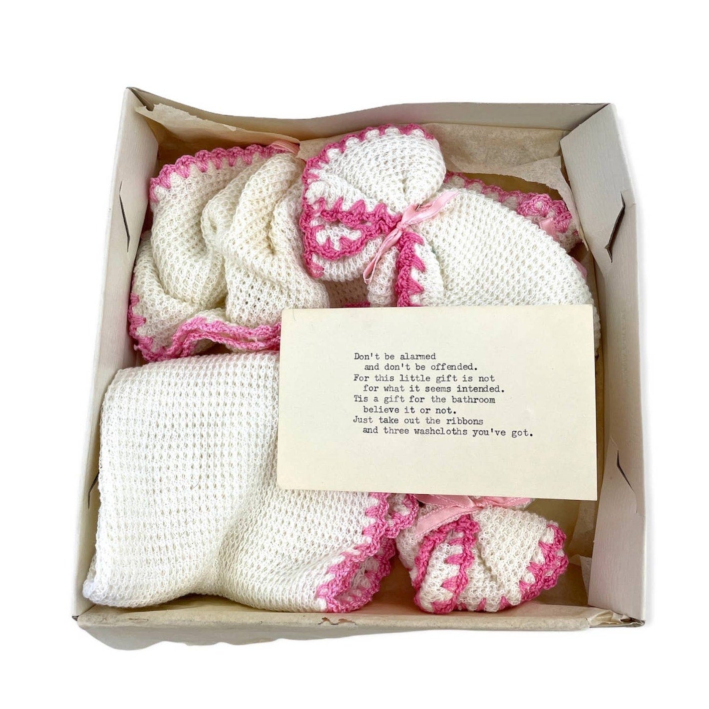 VTG 3 Crochet Washcloths Gift Set Unique Typed Note White with Pink Border