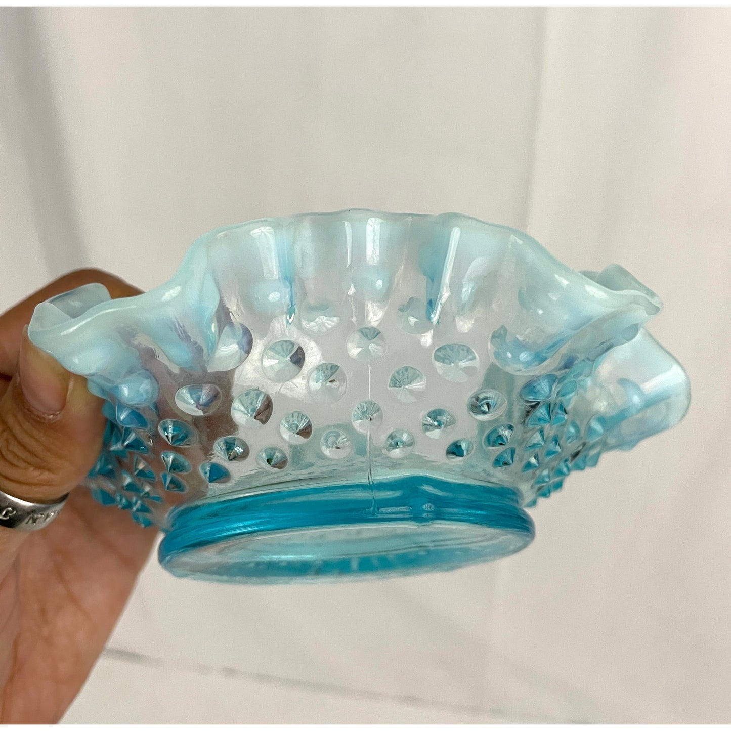 VTG Fenton Ruffled Blue Hobnail Glass Candy Dish Crimped Edges Home Decor