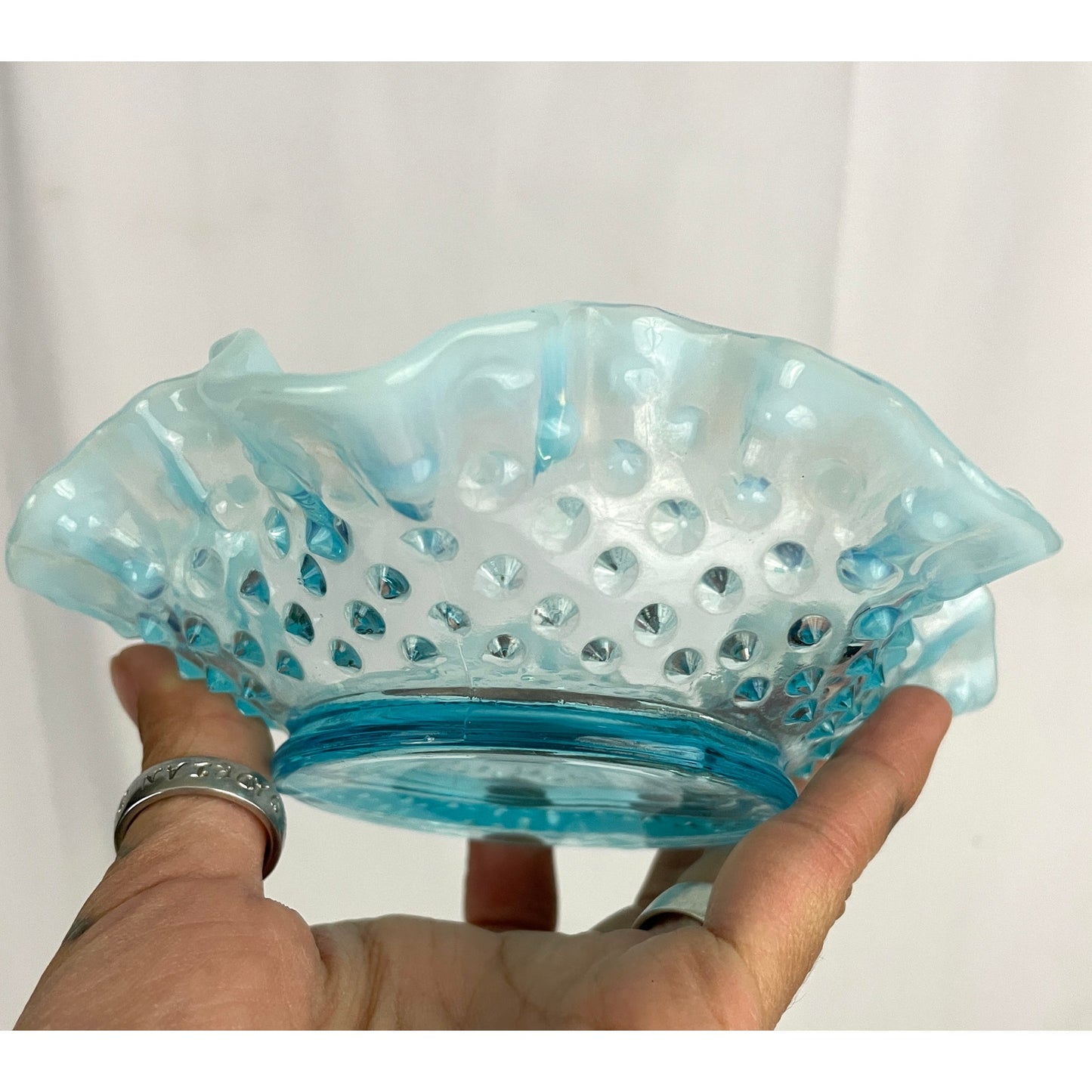 VTG Fenton Ruffled Blue Hobnail Glass Candy Dish Crimped Edges Home Decor