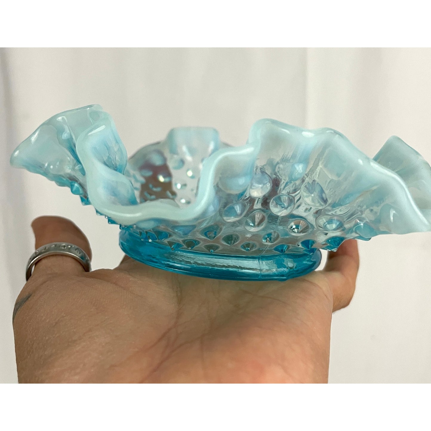 VTG Fenton Ruffled Blue Hobnail Glass Candy Dish Crimped Edges Home Decor