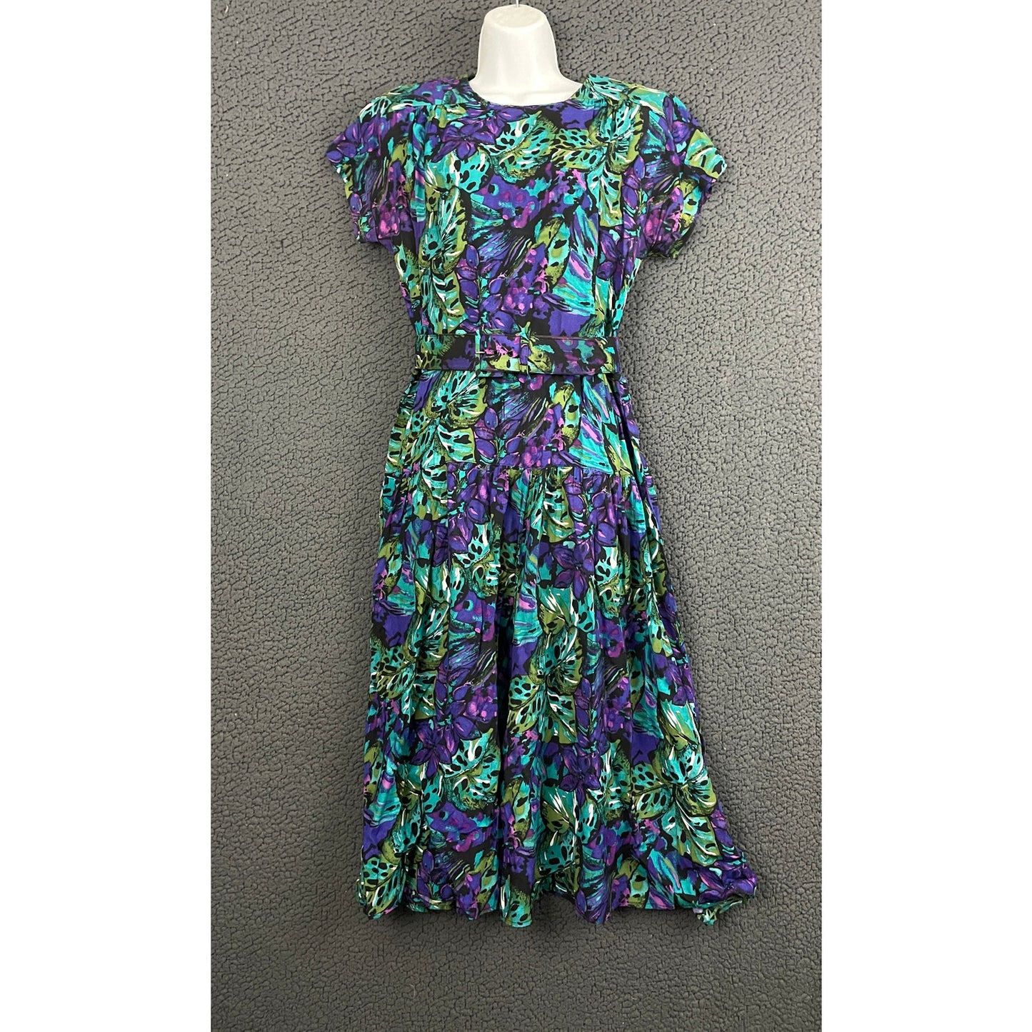 VTG Luci Pellini Tropical Floral Print Dress Sz 10 Regular 80's Belted Women's