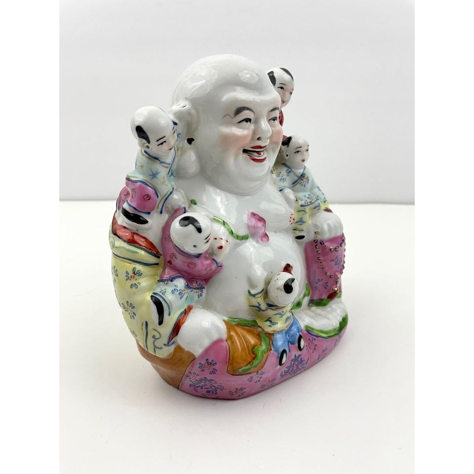 VTG Chinese Porcelain Laughing Buddha Figure With Five Children Hand Painted 6"