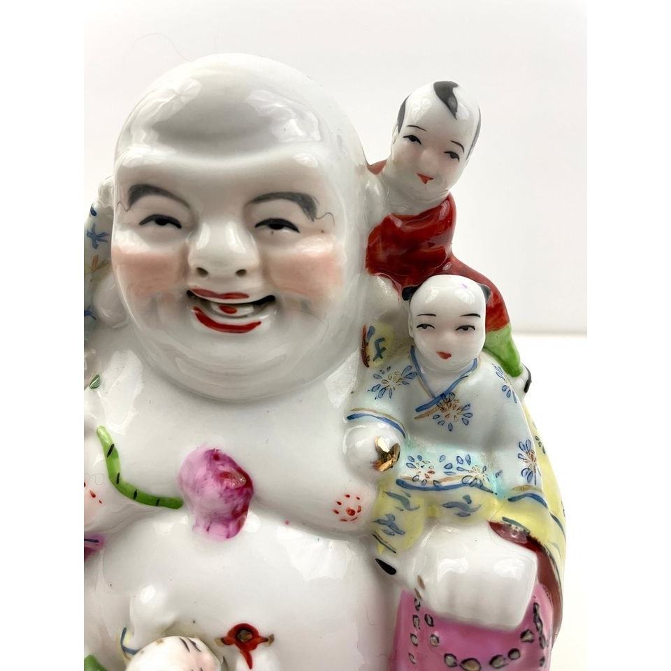 VTG Chinese Porcelain Laughing Buddha Figure With Five Children Hand Painted 6"