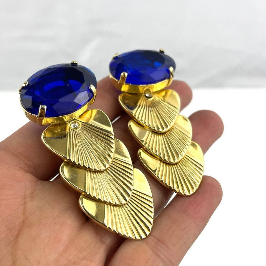 VTG Gold Tone Metal Clip On Earrings Blue Rhinestone Retro Kitsch