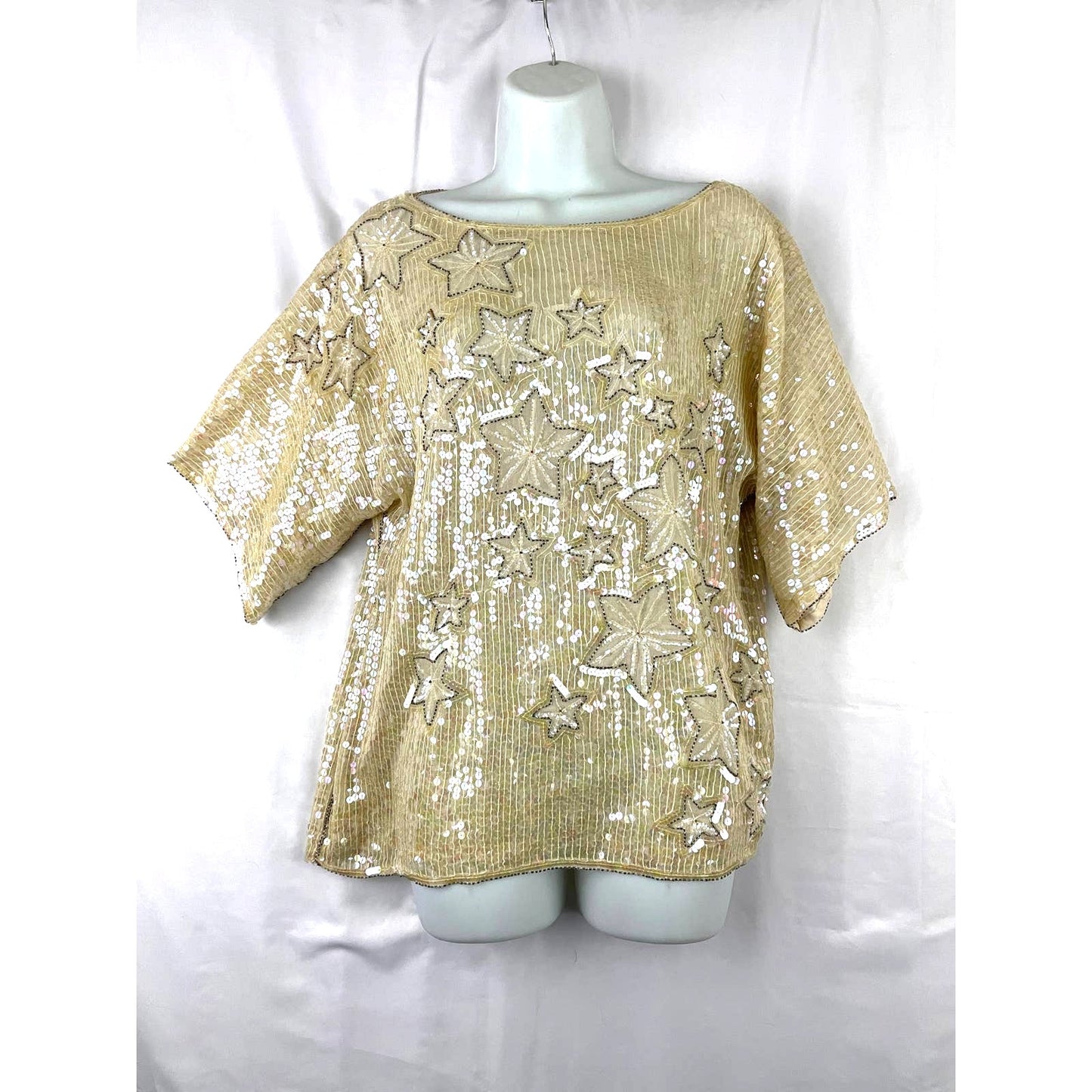 VTG Beige Sequin Stars Top SMALL 100% Silk Beaded Lined Women's MARQUIS