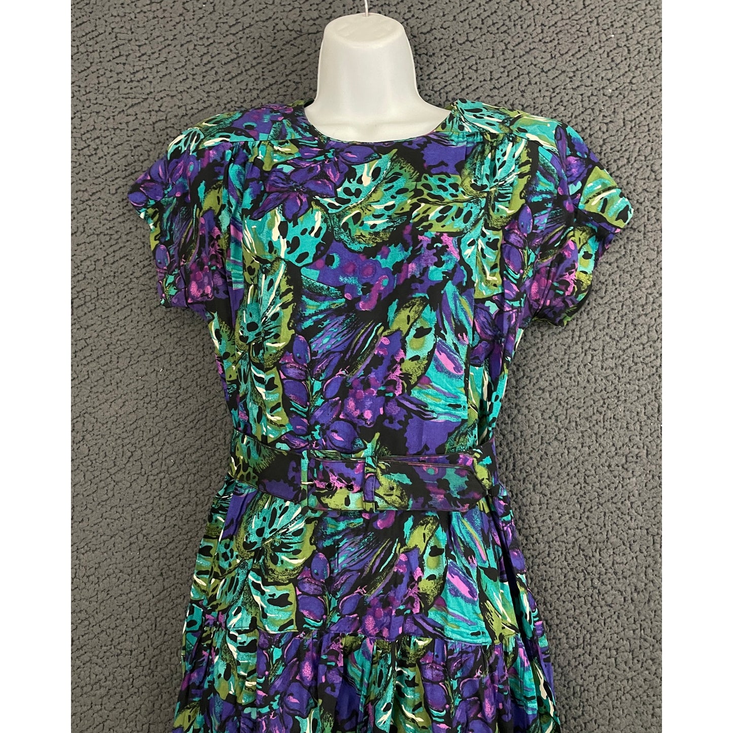 VTG Luci Pellini Tropical Floral Print Dress Sz 10 Regular 80's Belted Women's