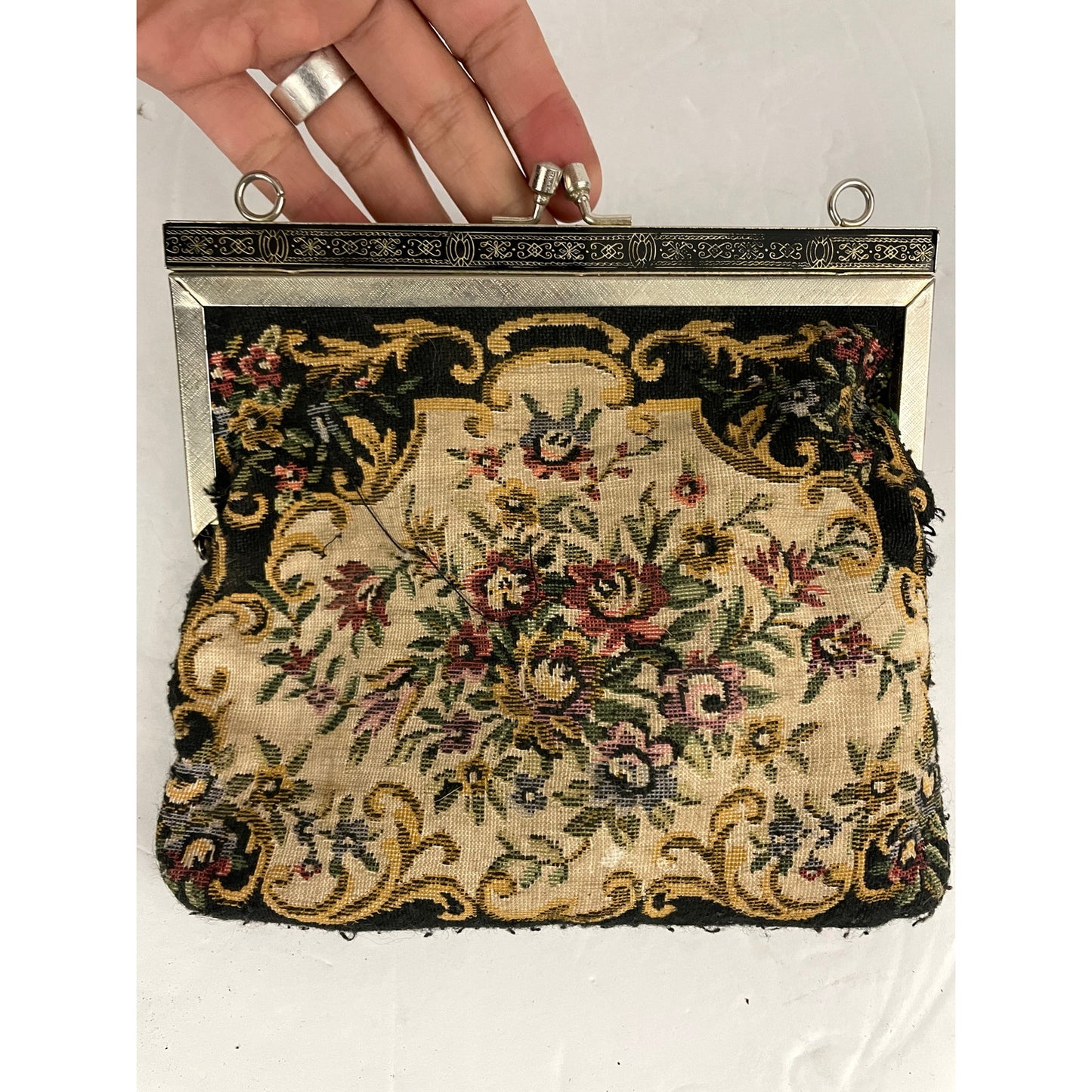 VTG Petit Point Tapestry Floral Brocade Purse Handbag 1950's No straps