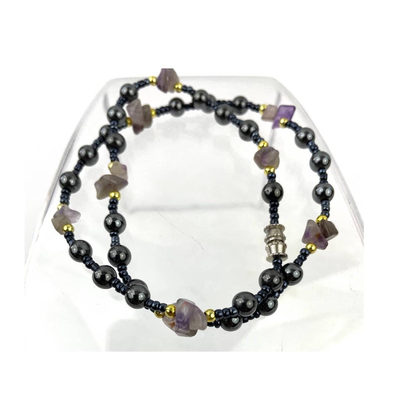 Natural Stone and Metal Beaded Necklace Amethyst  16" Choker Purple Gray