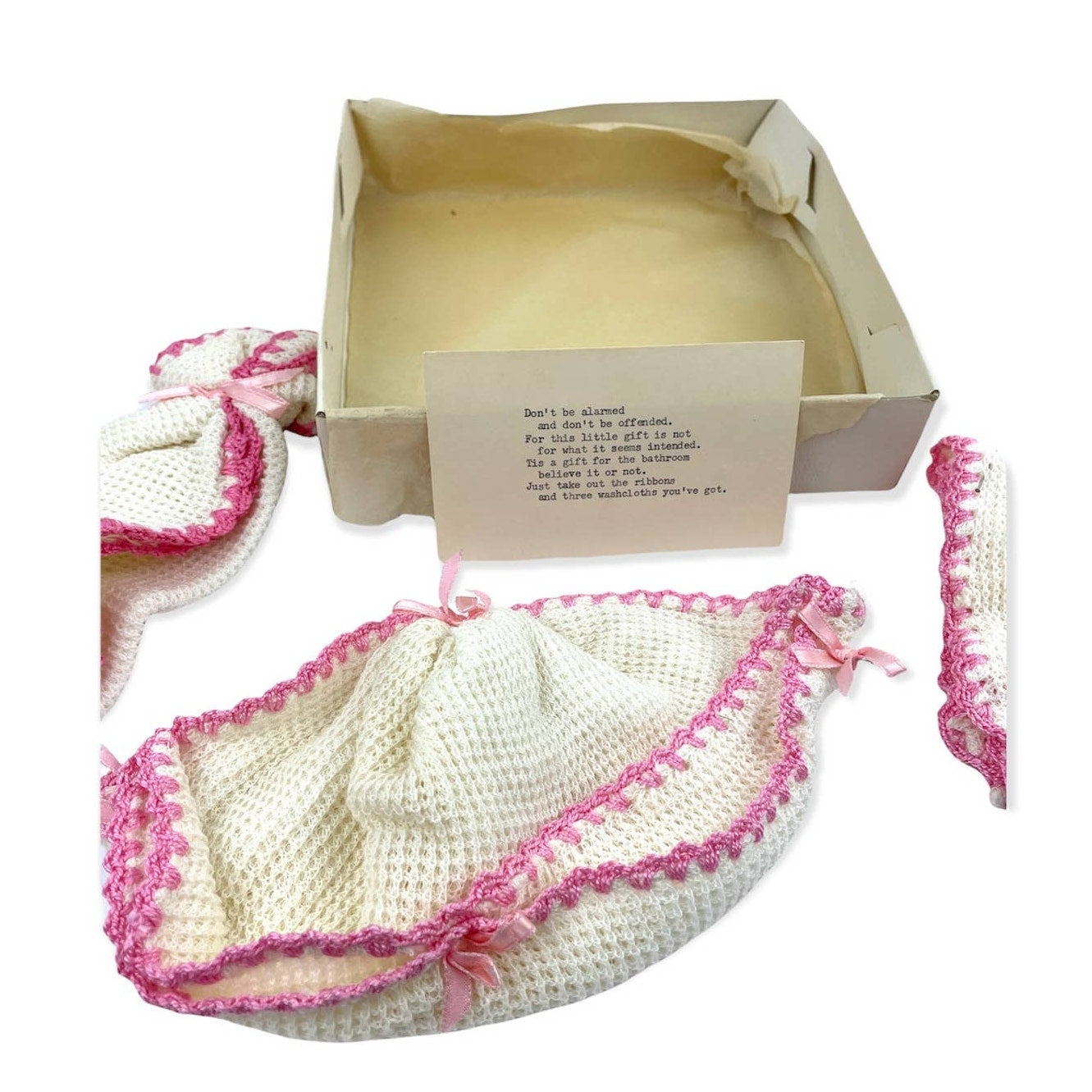 VTG 3 Crochet Washcloths Gift Set Unique Typed Note White with Pink Border