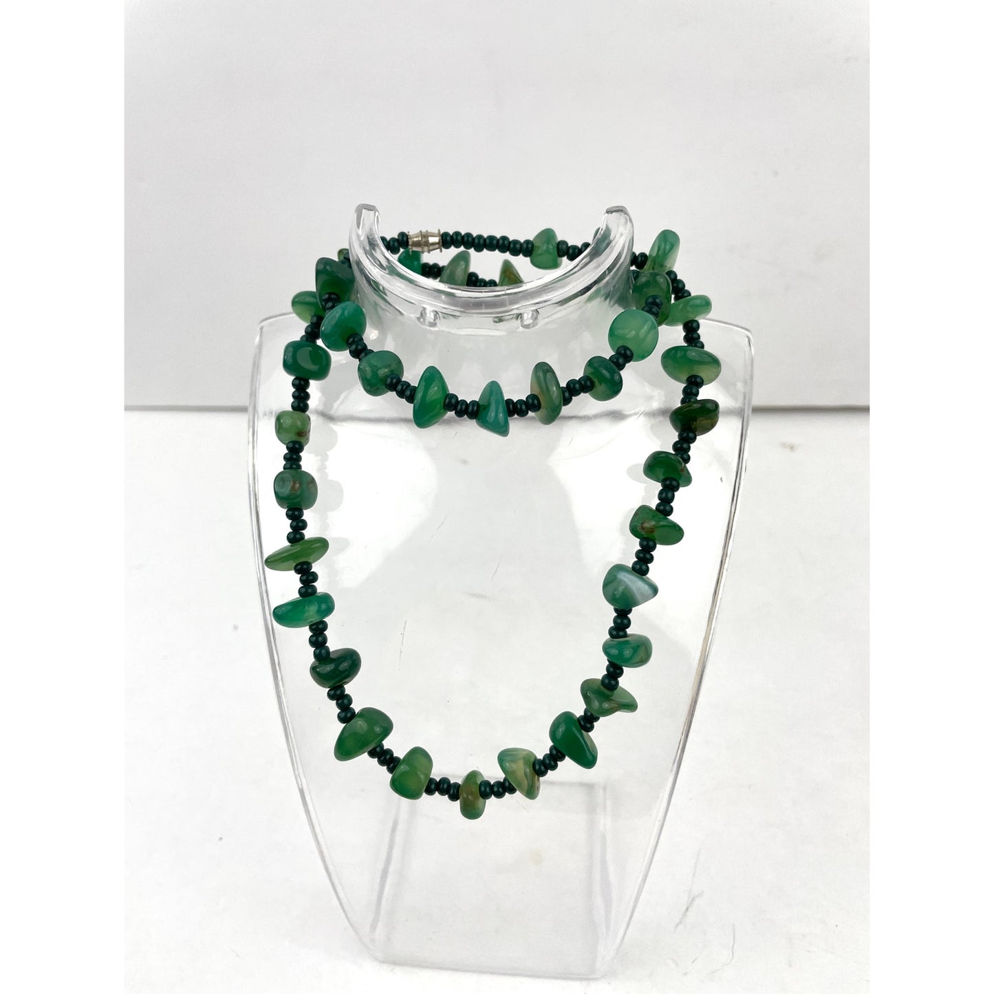 Natural Stone Green Agate Nugget Rock Beaded Necklace Seed Bead 20"