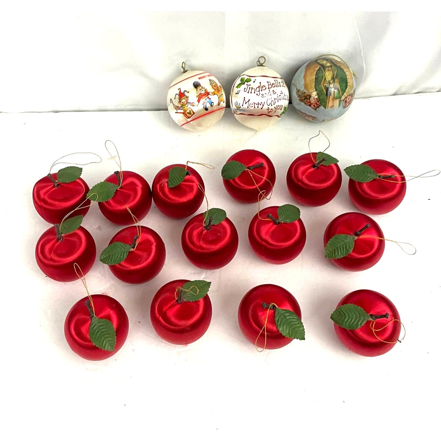 18 VTG Small Shiny Satin Spun Apple and Classic Ornaments Holiday Christmas