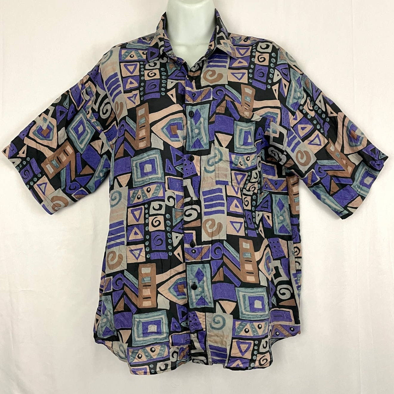 VTG Chiamare Funky Print Blouse LARGE Women's 100% Silk Collared 1990s Retro