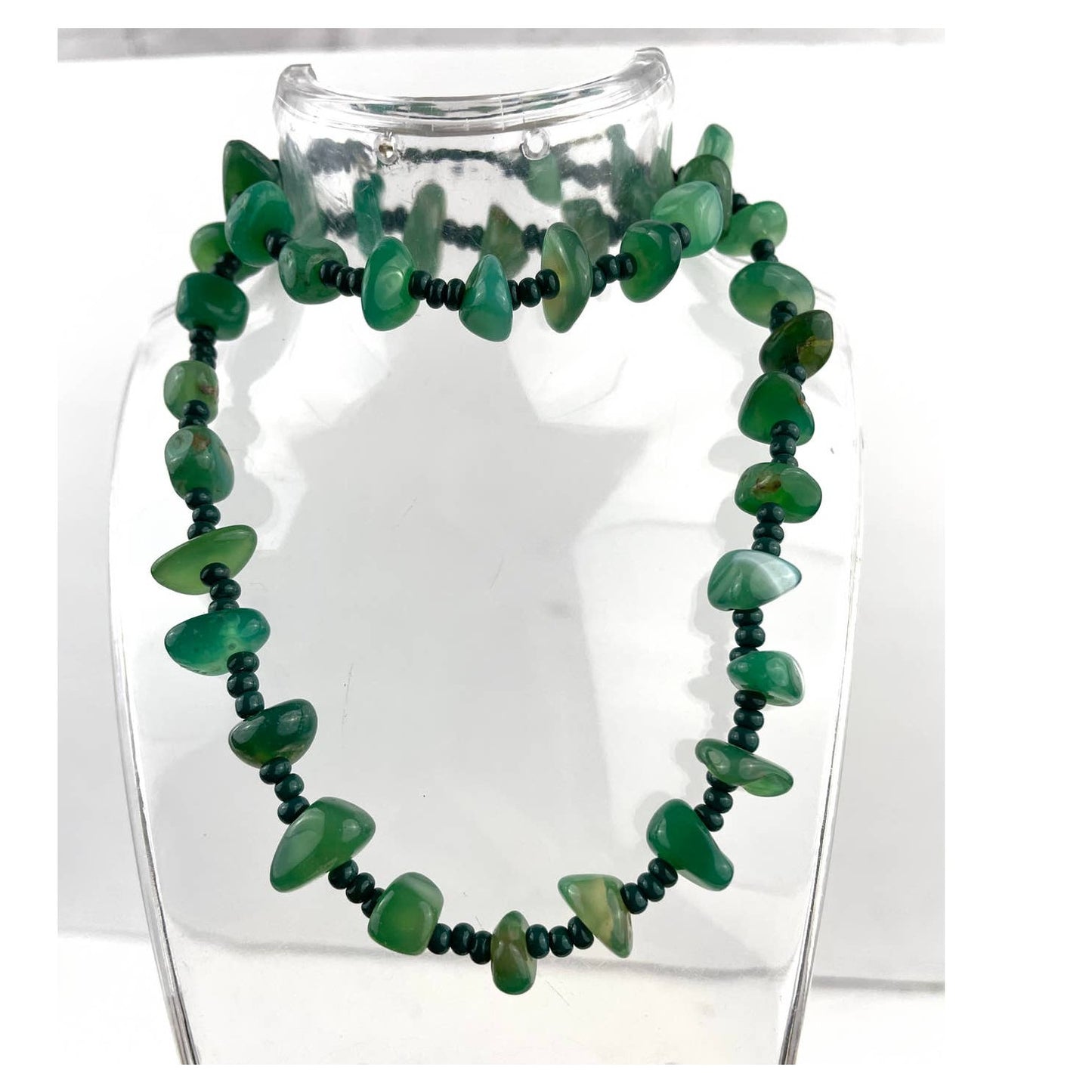 Natural Stone Green Agate Nugget Rock Beaded Necklace Seed Bead 20"