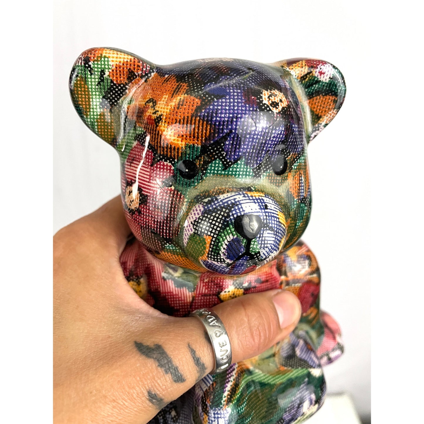 VTG Bear Multicolored Floral Patchwork Sitting Yoga Pose 6.5" Tall