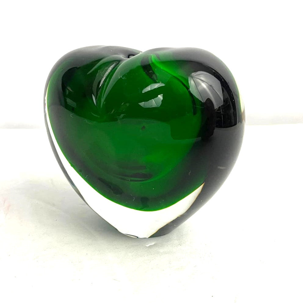 Crystal Green Clear Heart Shaped Paperweight Bud Vase Art Glass 2.5"