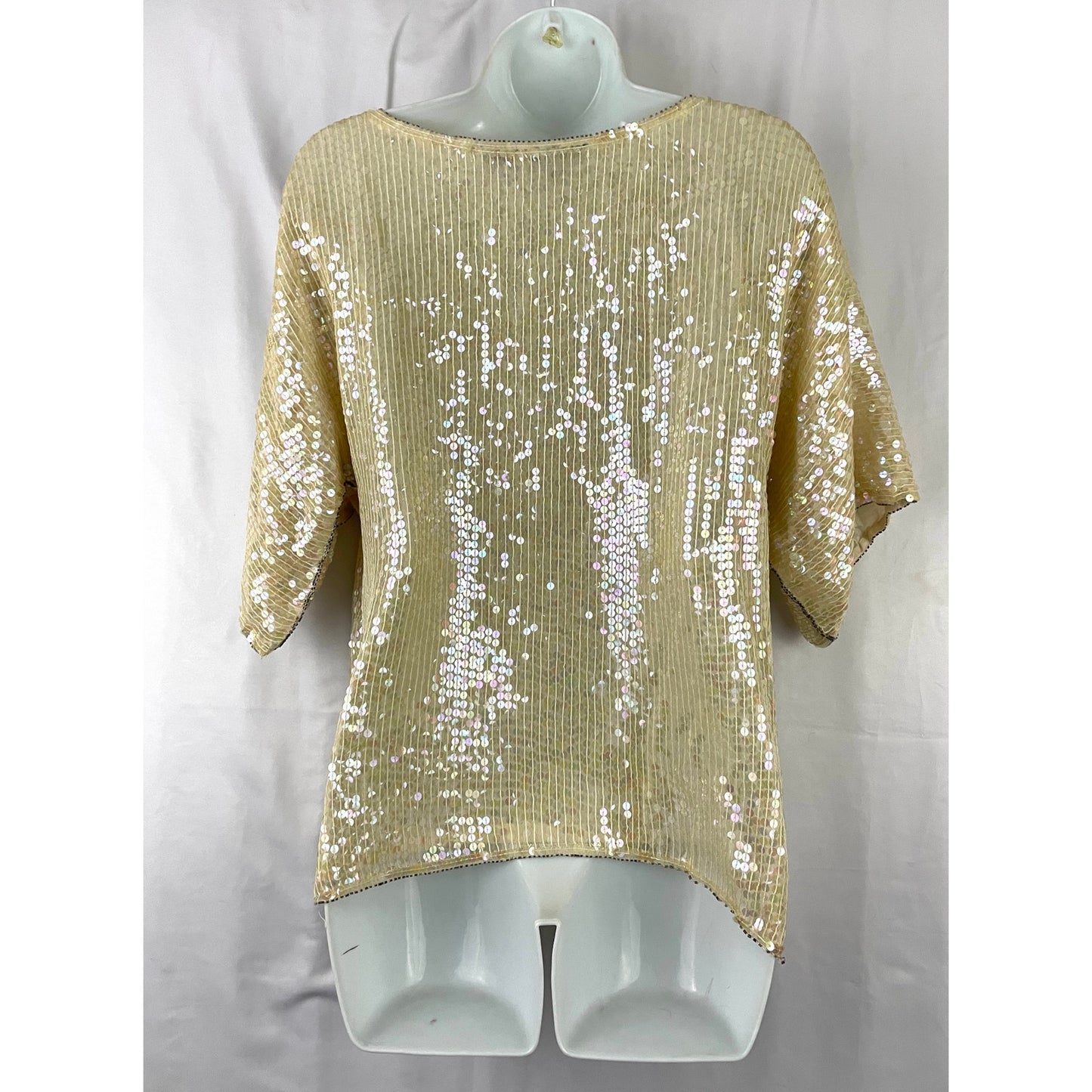 VTG Beige Sequin Stars Top SMALL 100% Silk Beaded Lined Women's MARQUIS