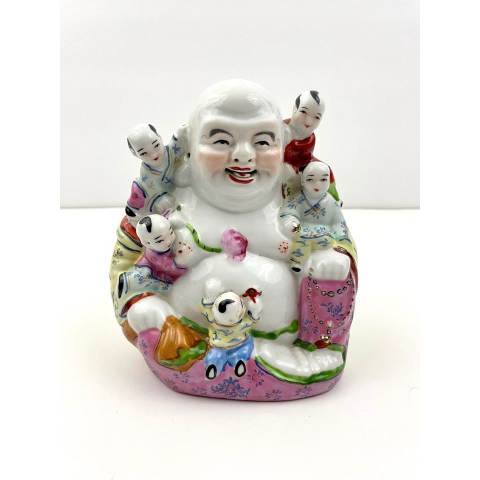 VTG Chinese Porcelain Laughing Buddha Figure With Five Children Hand Painted 6"