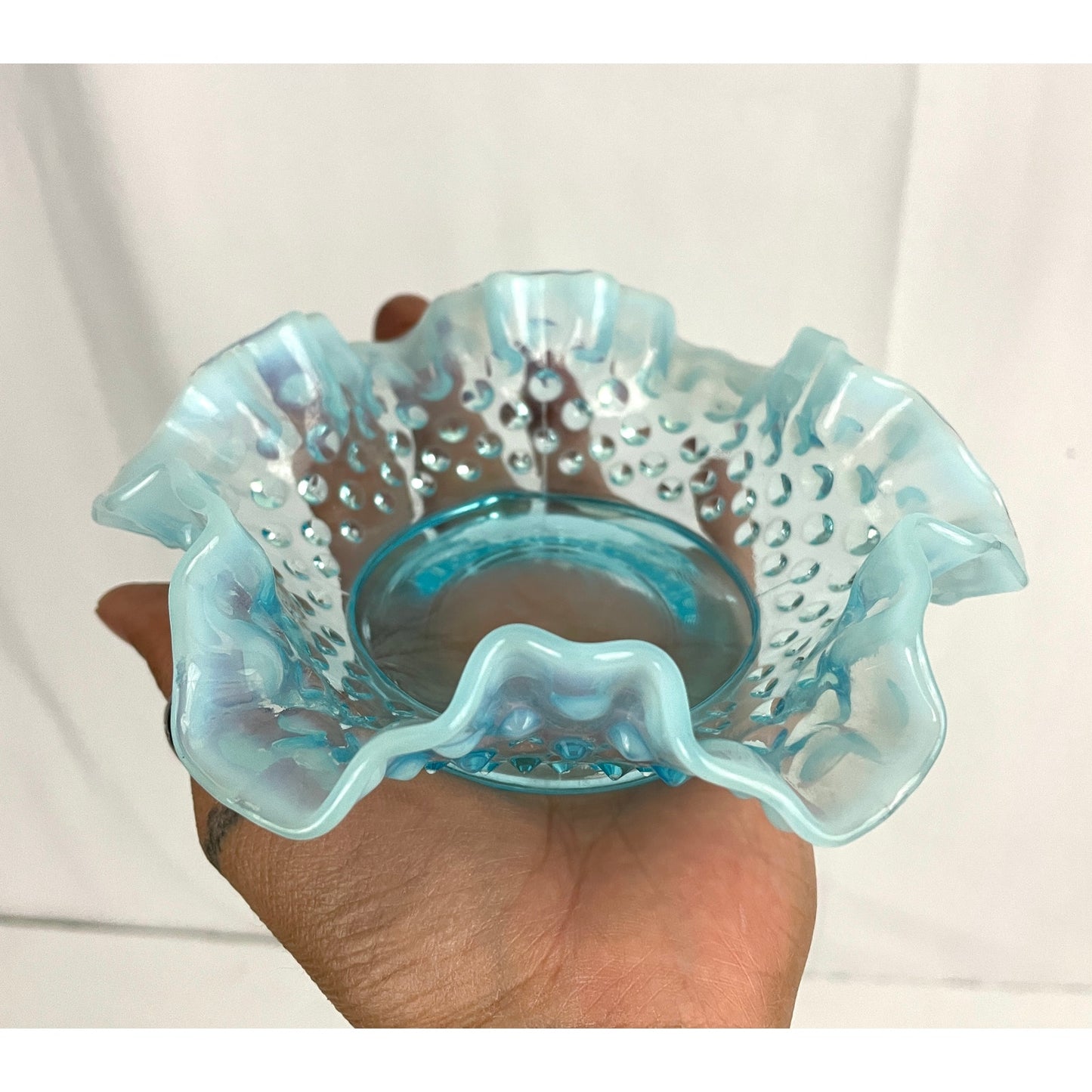 VTG Fenton Ruffled Blue Hobnail Glass Candy Dish Crimped Edges Home Decor