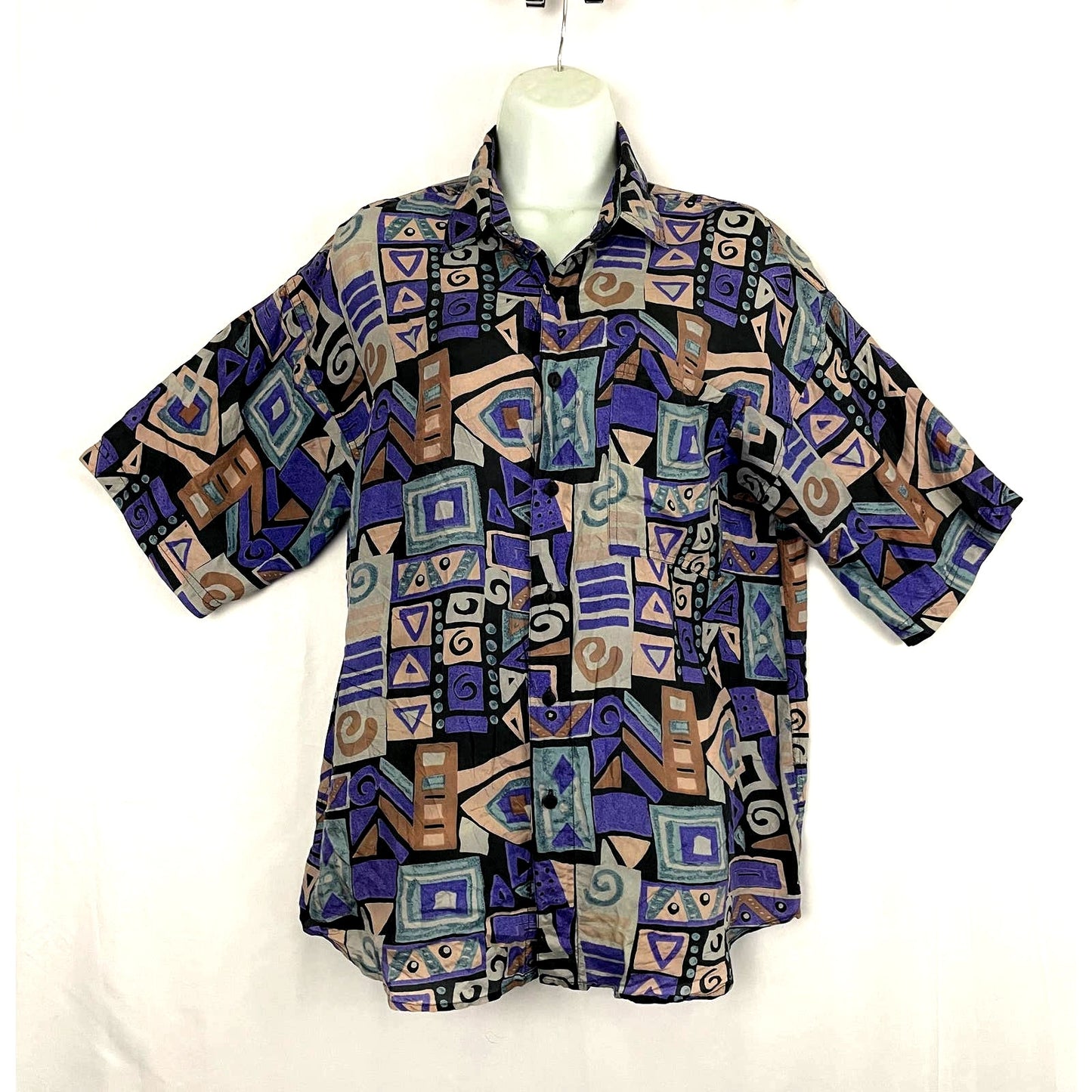 VTG Chiamare Funky Print Blouse LARGE Women's 100% Silk Collared 1990s Retro